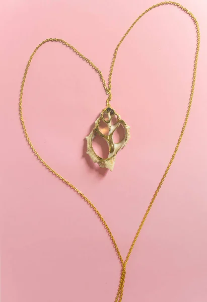 Pembe arka planda deniz kabuğu olan altın kolye. El yapımı aksesuarlar. Üst Manzara. Seçici odak.