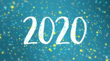 Parıltılı mavi sarı Happy New Year 2020 tebrik kartı video animasyon düşen renkli glitter parçacıkları ile.