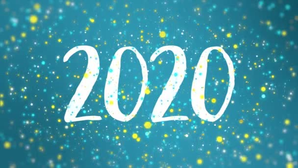 闪闪发光的蓝色黄色新年快乐2020年贺卡视频动画与下降的五颜六色的闪光粒子 — 图库视频影像