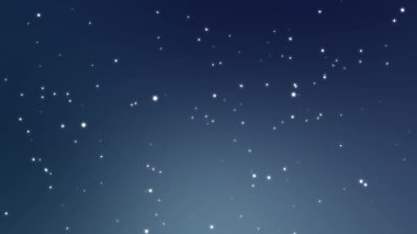 Parlak bir koyu mavi arka plan üzerinde titreşen ışıltılı beyaz ışık parçacıkları yapılmış ışıklı yıldızlı gece gökyüzü animasyon.