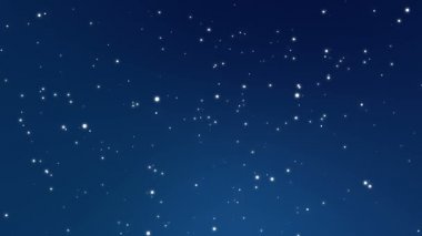 Parlak bir koyu mavi arka plan üzerinde titreşen ışıltılı beyaz ışık parçacıkları yapılmış ışıklı yıldızlı gece gökyüzü animasyon.