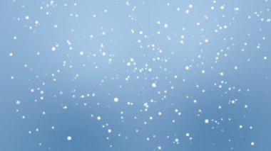 Açık mavi zemine düşen parlayan beyaz kar tanesi parçacıkları ile animasyonlu kış arka plan.