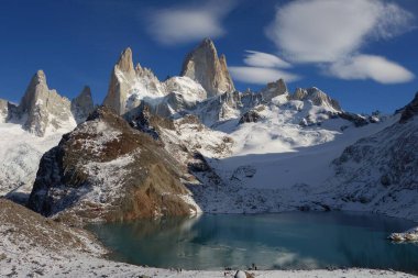 Fitz Roy dağının zirvesinden kaya mastif ve göl manzarası