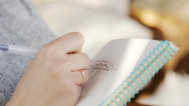 Fille artiste en lunettes de soleil dessine des croquis dans un carnet — Video