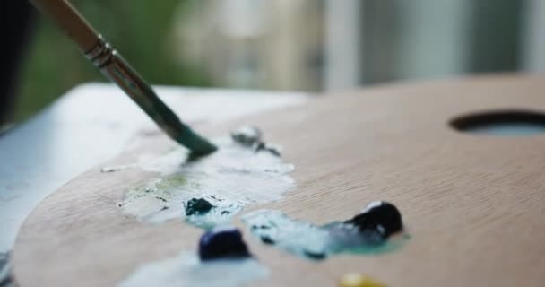 Mujer artista dibuja cuadro sobre lienzo en el estudio en casa — Vídeo de stock