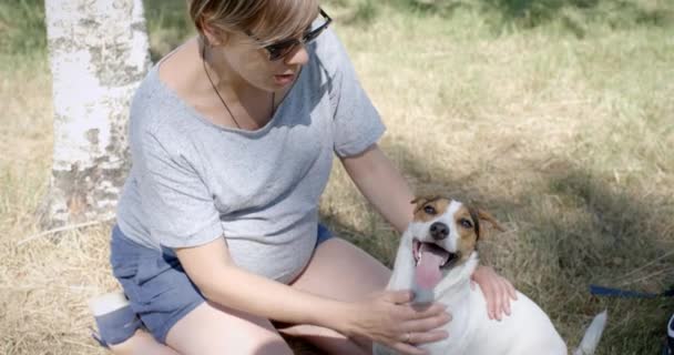 Kvinna med hennes hund på gräset — Stockvideo
