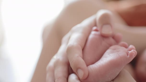 Mãe segura seus pés de bebê — Vídeo de Stock