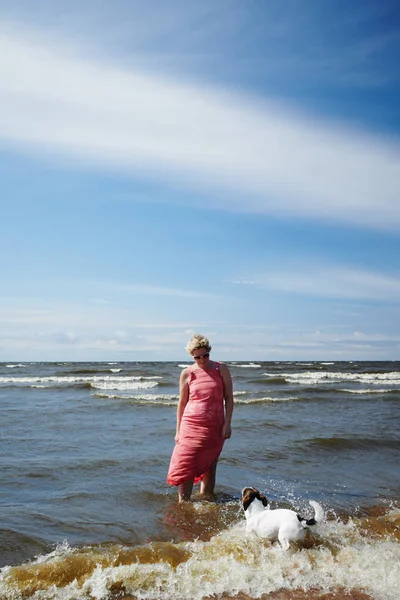Mulher e cão em pé no mar — Fotografia de Stock