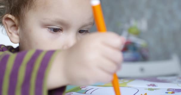 Niño con una cara melancólica que dibuja en el álbum — Vídeos de Stock