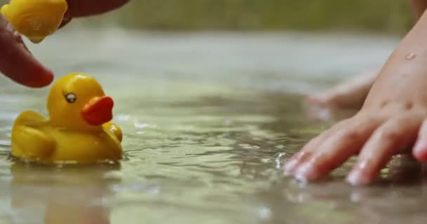 Mère et enfant jouent avec les canards en caoutchouc — Video