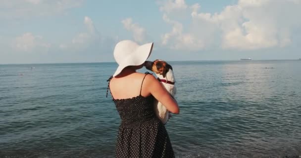 Vrouw zittend naast haar Jack Russell op Quay op zoek naar de zee — Stockvideo