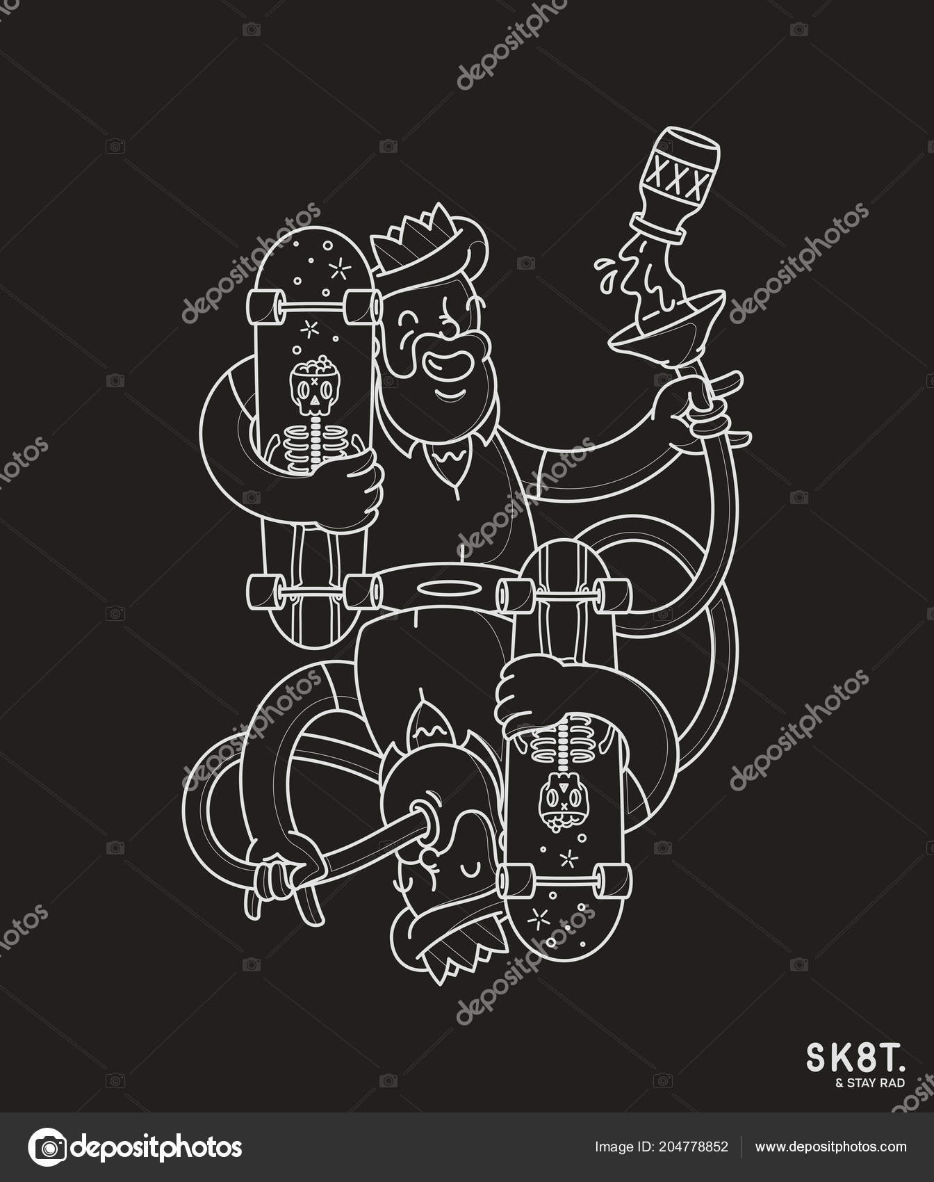 Skate Stay Rad Black White Vector Illustration Depicting Reflection