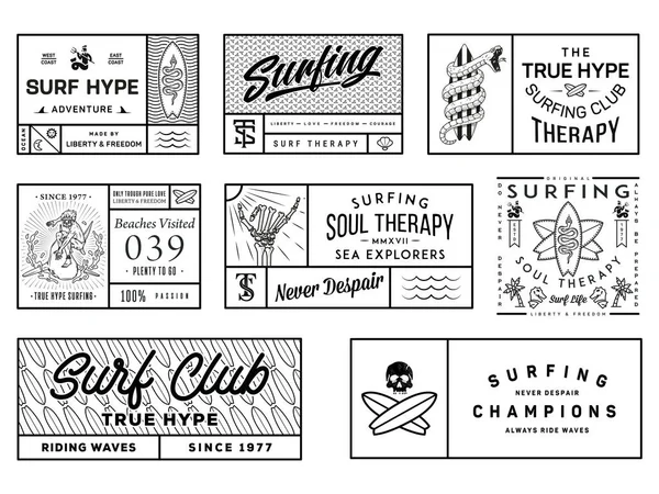 stock vector Black on white surf badges vol. 2  is a collection of squared vector badge illustrations ready for any use