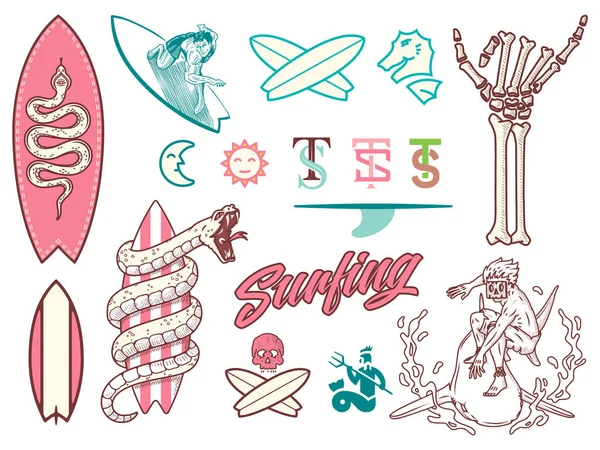 Surf Bundle Colorido Conjunto Ilustrações Vetoriais Contendo Diferentes Desenhos —  Vetores de Stock