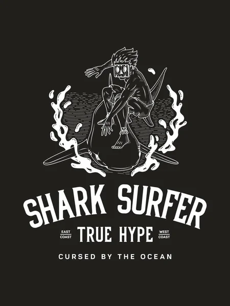 Surf Haai Echte Surfer Hype Een Wit Zwart Vectorillustratie Van — Stockvector