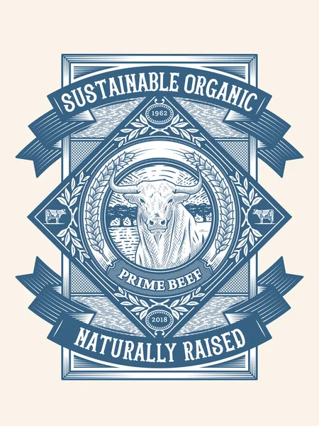 可持续有机牧场饲养徽章2是一个关于优质牛肉肉的矢量说明 — 图库矢量图片