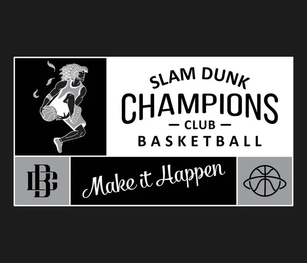 Slam Dunk Campeones Blanco Sobre Negro Vector Ilustración Sobre Deporte — Archivo Imágenes Vectoriales