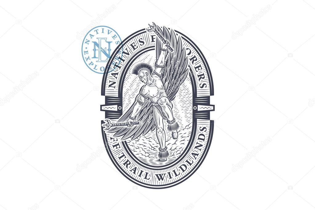 Natives explorers off trail wild lands engraved style is a vector design about American Natives