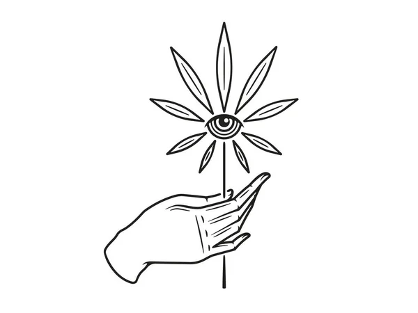 Trzymanie Ręki Sativa Cannabis Liść Czarny Białym Wektorze Ilustracji — Wektor stockowy