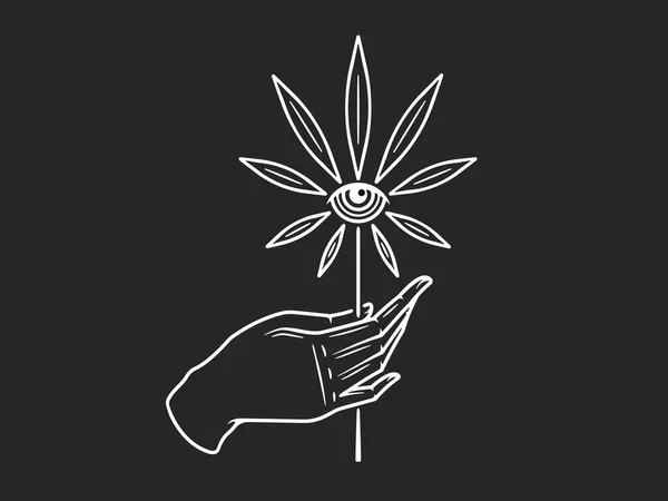 Hand Hält Sativa Cannabis Blatt Weiß Auf Schwarzer Vektorillustration Stockvektor
