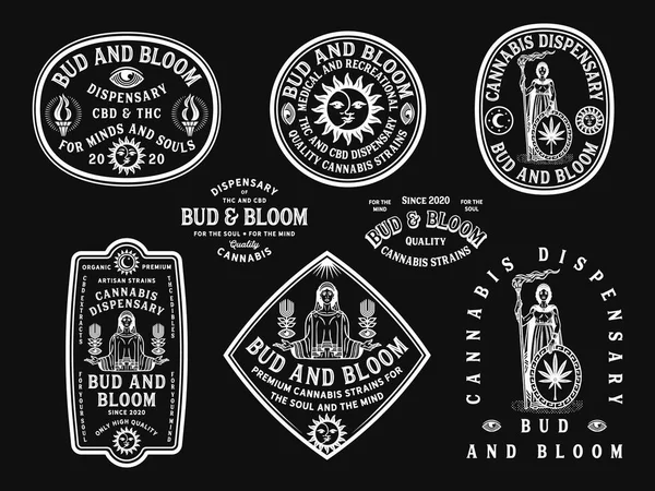 黑色背景上的Bud和Bloom白色大麻徽章 — 图库矢量图片
