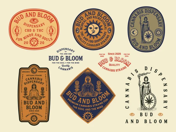 Bud Bloom Vector Colored Cannabis Badges — 图库矢量图片