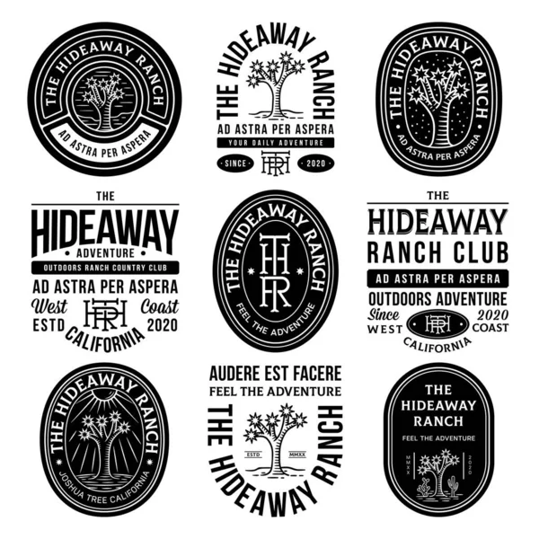 Black Hideaway Ranch Adventure Vector Badges White Background — Stock Vector