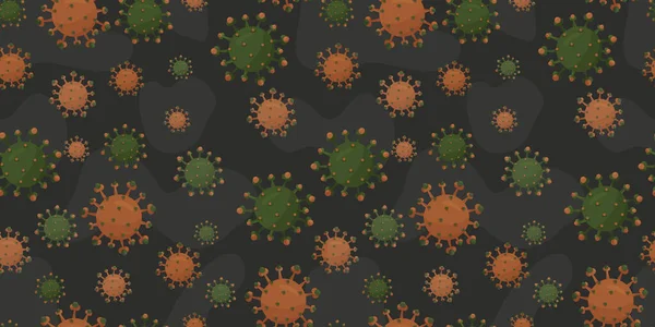 Seamless Pattern Orange Green Viruses Coronavirus Black Background Text Vacciness — Stock Vector