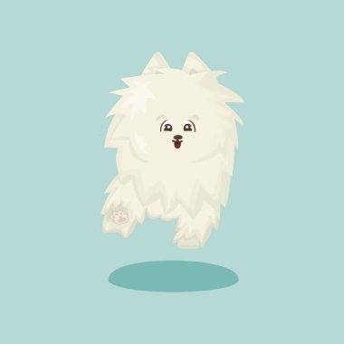 Beyaz pofuduk şirin çizgi film mutlu izole vektör düz köpek mavi ya da yeşil arka planda koşuyor ya da zıplıyor