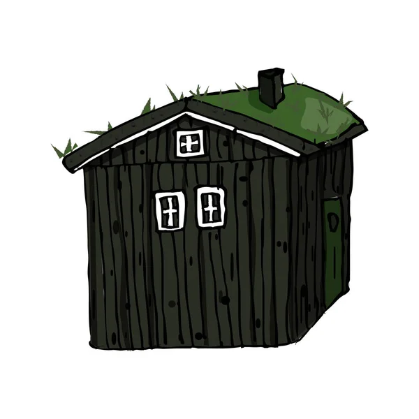 Maison Isolée Canadienne Scandinave Bois Gris Avec Herbe Sur Toit — Image vectorielle