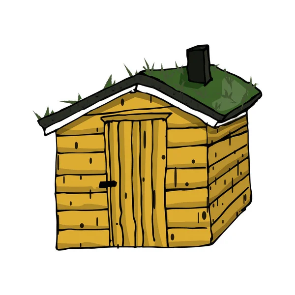 白い背景の屋根に緑の芝生のあるスカンディナヴィアの木造黄色の家 — ストックベクタ