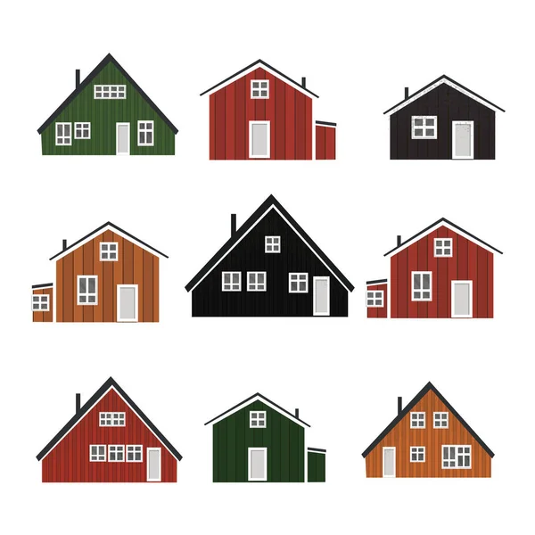 加拿大和斯堪的纳维亚红黑色绿色木制房屋 屋顶为黑色 背景为白色 — 图库矢量图片
