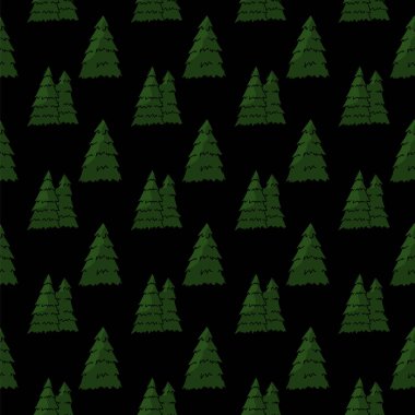 Ormandaki güzel yeşil noel ağaçları siyah arka planda kusursuz vektör deseni