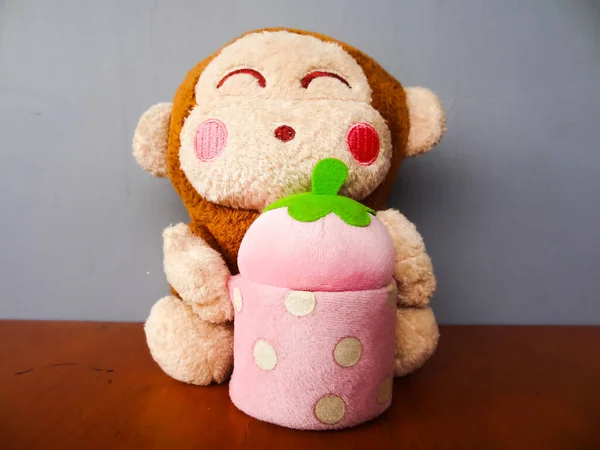 Brown Monkey Doll Gray Background — Stock Photo, Image