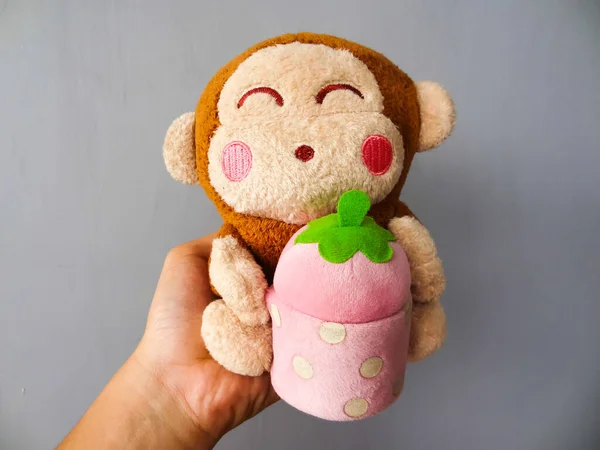 Brown Monkey Doll Gray Background — Stock Photo, Image