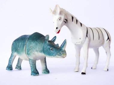 Gergedan ve zebra, beyaz arka planda.