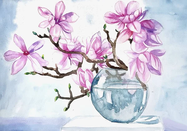 watercolor painting of magnolia branches in a vase