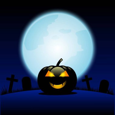 Mezarın başında ay olan siyah renkli balkabağı ile Cadılar Bayramı Gecesi Sanat ve İllüstrasyonu.