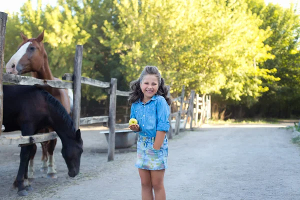 Маленькая улыбающаяся девочка с кудрявыми волосами, одетая в джинсы с зеленым яблоком на конюшне с лошадьми — стоковое фото