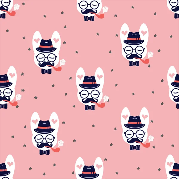 Vector sömlös mode trendiga mönster för kläder, tyg, papper, webbdesign med hipster vit kanin röka pipa, mustasch, hatt, prickiga baw, slutna ögon, Glasögon, hjärtan, stjärnor på pink — Stock vektor