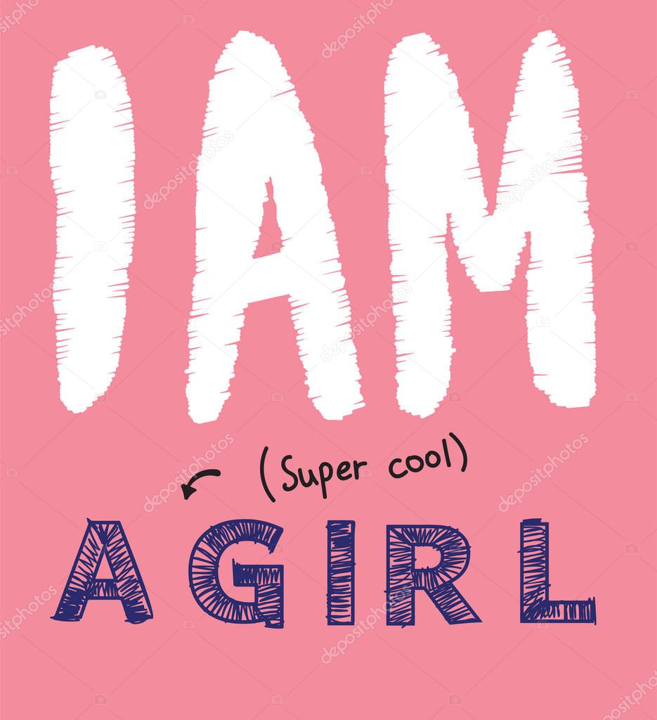 Vector illustration of handwritten lettering I am a super cool girl isolated on pink background, stitch, hatch, embroidery, hand drawn imitation, print for t shirt, fashion clothes design, original