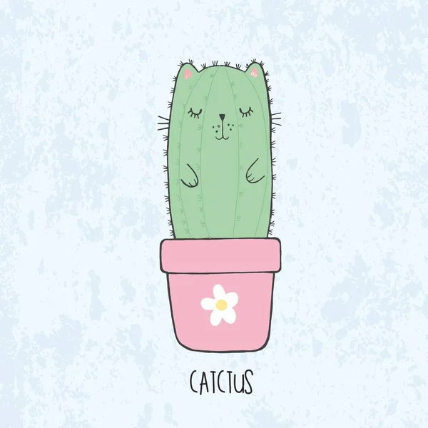 Illustration vectorielle d'un croquis dessiné à la main mignon cactus de chat kawaii dans un pot de fleurs avec fleur dans un style anime avec lettrage catctus — Image vectorielle