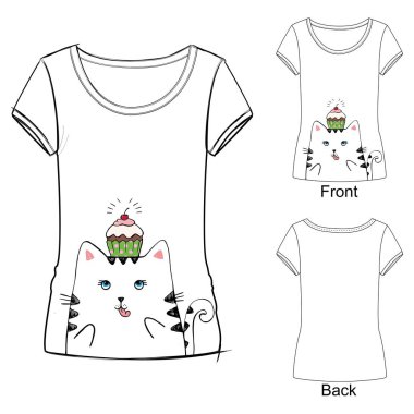 Kedi ile şirin t-shirt vektör çizim