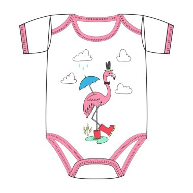 Yeni doğan için vektör giyim su birikintisine kalan şemsiye ile çizilmiş kroki pembe flamingo kızıl yağmur botları resmi el
