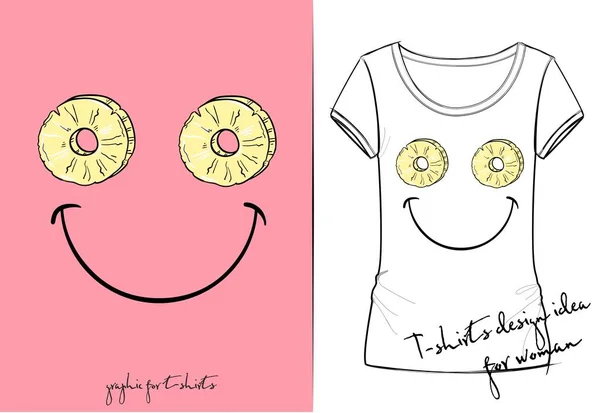 Vector t-shirt av positiva smiley med skiva ananas, tecknad frukt ögon, tropiska Sommarkortet mode ut för t-tröja, glada ansikte isolerad på tom grön bakgrund, dras med en surfplatta — Stock vektor