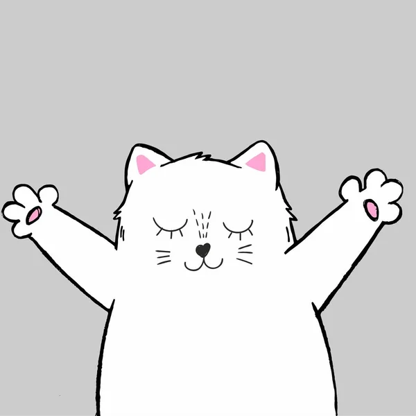 Vectorillustratie Van Schattige Cartoon Hand Getekende Witte Kat Met Open — Stockvector