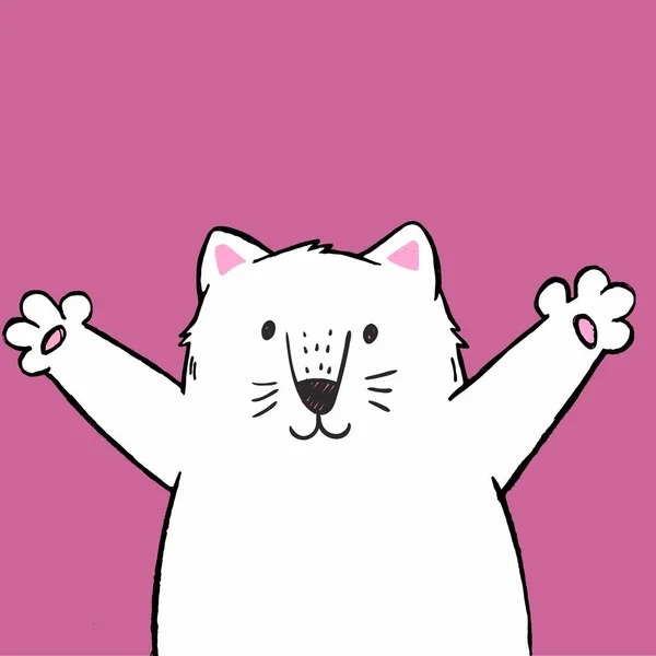 La ilustración vectorial del gato blanco dibujado a mano lindo de la historieta con los brazos abiertos, dibujo del color del boceto, se puede utilizar como impresión de la manera para la camiseta o el pijama, tarjeta, cartel — Archivo Imágenes Vectoriales