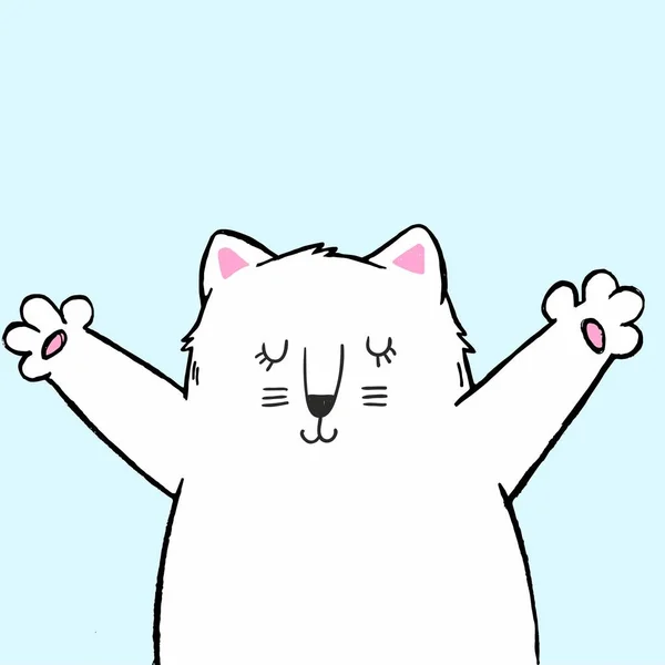 La ilustración vectorial del gato blanco dibujado a mano lindo de la historieta con los brazos abiertos, dibujo del color del boceto, se puede utilizar como impresión de la manera para la camiseta o el pijama, tarjeta, cartel — Vector de stock