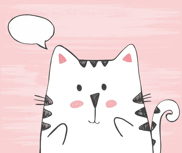 구름에서와 스케치 고양이 함께 귀여운 벡터 손으로 그린 그림. Freehand 도면입니다. 분홍색 배경에 고립 Handdrawn 흰 고양이. — 스톡 벡터