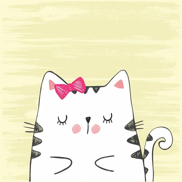 かわいいベクター スケッチ猫の手描きイラスト。黄色の背景に分離された白い子ネコ. — ストックベクタ